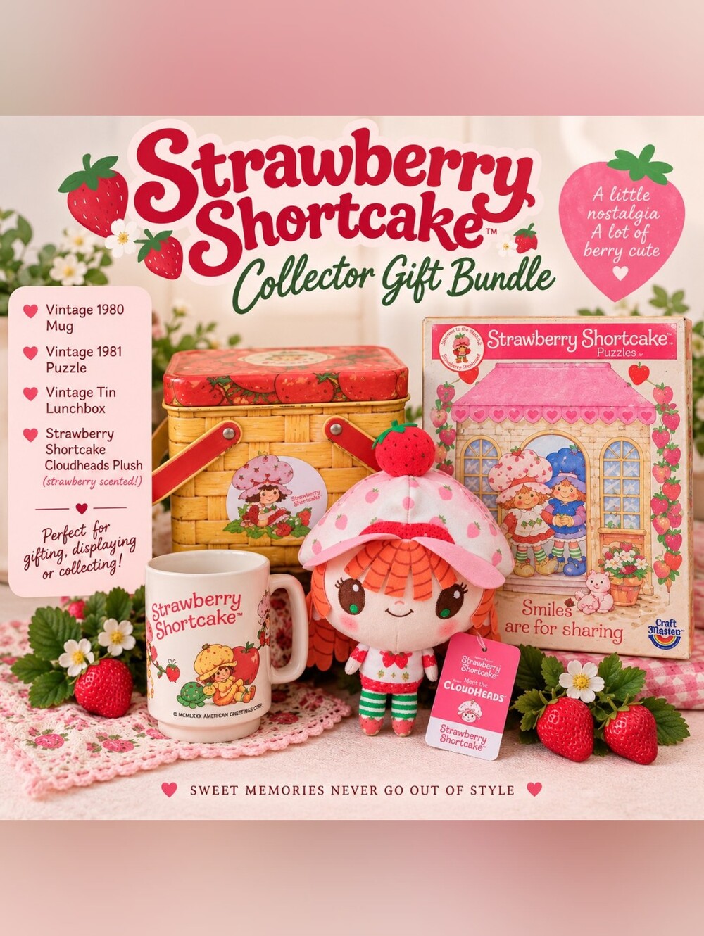 Strawberry Shortcake Vintage 1980s Collector Gift Bundle Plush Mug Tin Puzzle